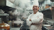 © Michael - Smiling Chef in Professional Kitchen with Arms Crossed Wearing White Chef Jacket and Hat, Amidst Pots, Pans, Containers, Steam from Cooking, Indicating a Busy and Well-Equipped Cooking Environment