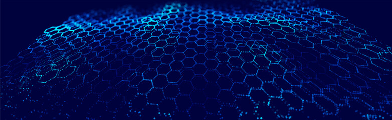 Fototapete - Technology or Science Abstract Blue Hexagonal Grid Background. Molecular Network of Hexagons Connected. Chemical Network. Carbon Nanomaterials Nanotechnology Concept. Vector Illustration.