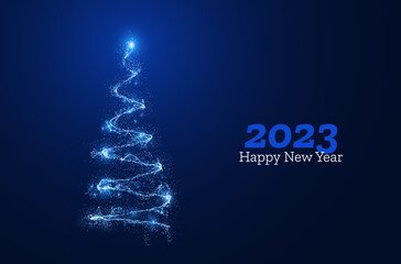 Poster - Blue Christmas Tree Glitter Particles Isolated on Dark Background. New Year Sparkling Lights. Special Event, Luxury Card, Rich Style. Vector Illustration.