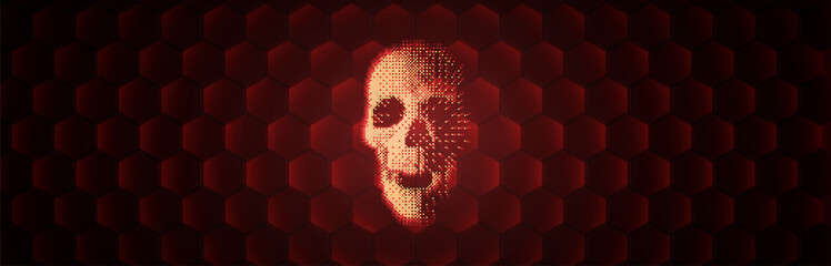 Poster - GAME OVER Skull Sign Concept. DANGER Futuristic HUD Element. You Died Game Banner. Death Screen with Dithered Skull Icon. Danger Hexagonal Banner. Vector Illustration.