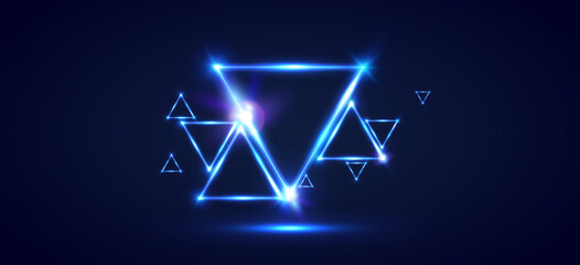 Poster - Neon Triangle Border Light Effects. Night Club Party Flyer or Banner Background. Blue Light Triangles Vector Illustration.