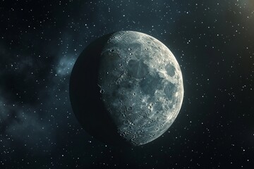 detailed view of the moon's surface with craters against a starry night sky.