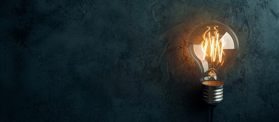 Wall Mural - a light bulb is glowing on a dark wall . High quality