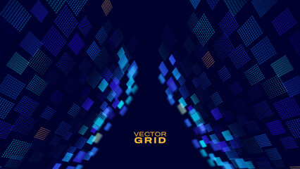 Poster - Triangle Frame Border Blue Lights DJ Party Flyer Background. Triangle Tunnel Big Data Backdrop. Abstract Blue Digital Background. Computer Triangular Tunnel Technology Vector Illustration.