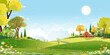 Spring field landscape with cloud and sky blue over forest trres,Vector cartoon scene rural nature park in sunny day summer,Beautiful farmland in countryside for Easter banner background