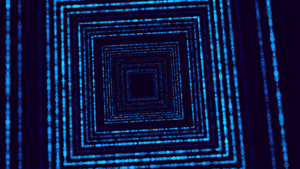 Poster - Square Frame Border Blue Lights DJ Party Flyer Background. Rectangle Tunnel Big Data Backdrop. Abstract Blue Digital Background. Computer Digital Tunnel Technology Vector Illustration.