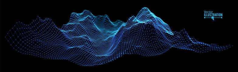 Leinwandbilder - Blue Wireframe Landscape Wire with Depth of Field Effect. 3D Topographic Map Background Concept. Geography Concept. Tech Wavy Backdrop. Space Game Surface HUD Design Element.