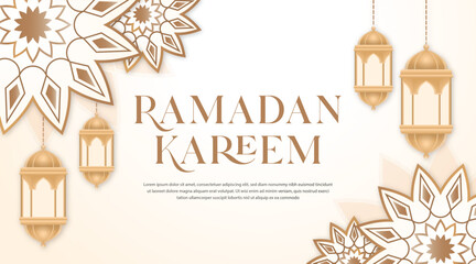 Ramadan Kareem islamic greeting banner background vector illustration template with text space, arabic pattern, golden arabian lantern