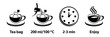 Tea brew instruction icons. Step by step how to make tea bag. Perfect tea. Stock Vector
