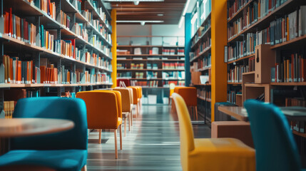 The quiet aisles of a library with rows of books and colorful chairs invite a peaceful reading and study environment.