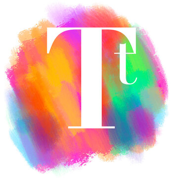 Alphabet on multicolored paint background, white letter T, uppercase and lowercase type font