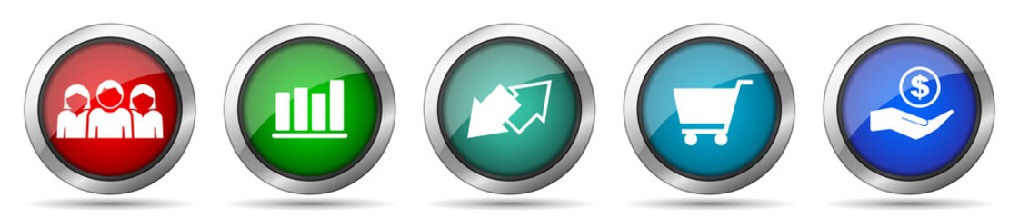 Poster - Trade icon set, miscellaneous icons such as customers, graph, exchange, cart and bank, silver metallic, colorful glossy web buttons collection
