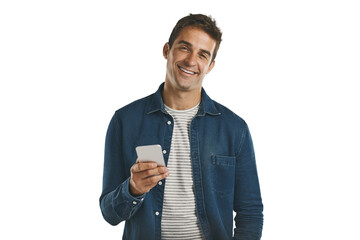 Aufkleber - Portrait, happy and man with smartphone in background, png and transparent with technology. Person, isolated and happiness with mobile on hand, relax and online with app for texting and email
