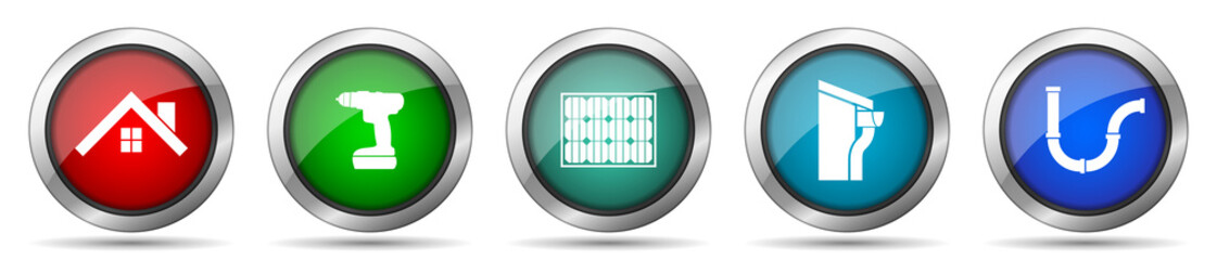Aufkleber - Home service icon set, miscellaneous icons such as house, drill, solar energy, roof and gutter and pipe, silver metallic, colorful glossy web buttons collection