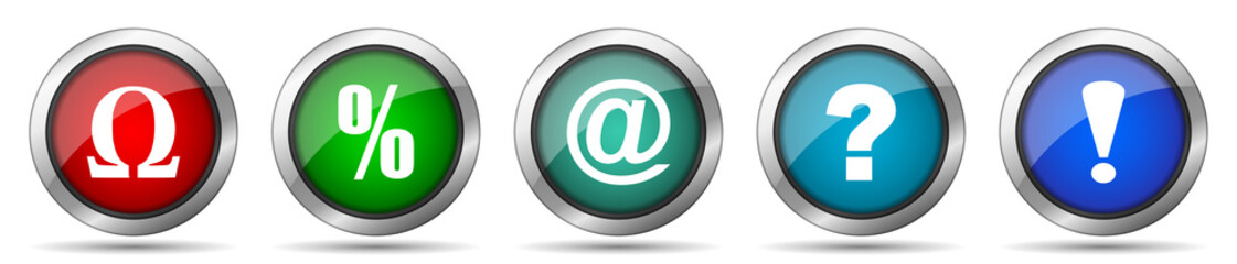 Fototapete - Symbols icon set, miscellaneous icons such as omega, percent, at, question mark and exclamation sign, silver metallic, colorful glossy web buttons collection
