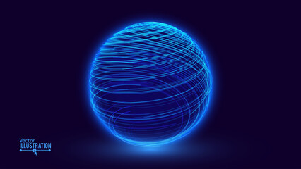 Poster - Abstract 3D Spheres of Neon Lines Hi-Tech Orb HUD Design Element. Global Network Connection. Abstract Globe Grid. Science and Technology Vector Illustration.