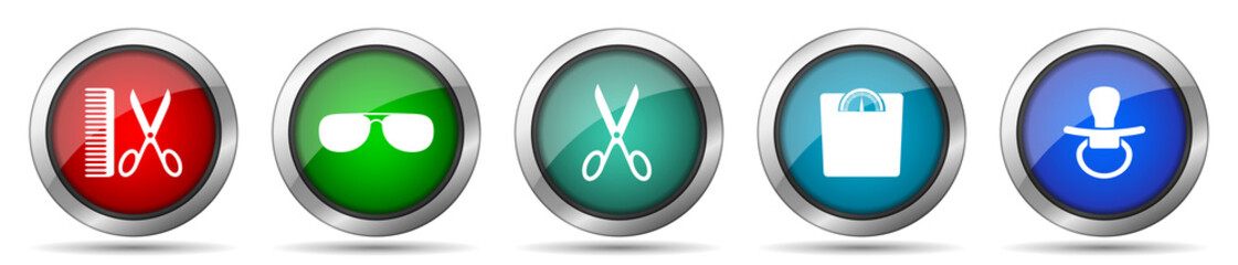 Aufkleber - Lifestyle icon set, miscellaneous icons such as barber, sun glasses, scissors, weight and nipple, silver metallic, colorful glossy web buttons collection