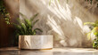 Luxurious stonemarble pedestal basks in foliage gobo sunlight. Wooden rod backdrop adds depth and elegance. Ideal for premium product showcases and sophisticated designs.