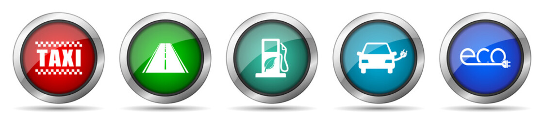 Poster - Renewables, transport icon set, miscellaneous icons such as taxi, road, bio fuel, electric car and eco sign, silver metallic, colorful glossy web buttons collection