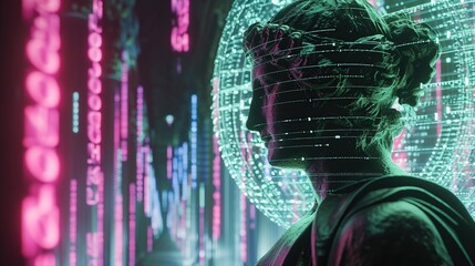 Poster - Close-up of a classical statue with a digital matrix background, symbolizing the intersection of antiquity and the digital era, apt for conceptual designs, with text space available.