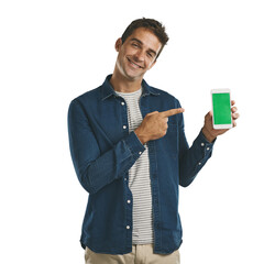 Canvas Print - Green screen, smile and man with phone in isolated background, png and transparent with technology. Person, pointing and happiness with mobile on hand, relax and app for texting and email or message