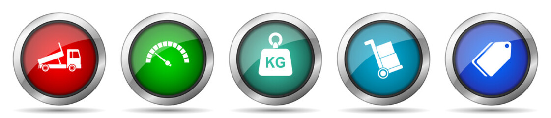 Fototapete - Transport icon set, miscellaneous icons such as truck, speedmeter, kg, barrow and ticket, silver metallic, colorful glossy web buttons collection
