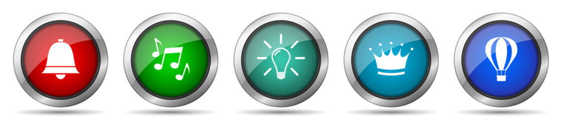 Aufkleber - Internet icon set, miscellaneous icons such as bell, music, light bulb, crown and ballon, silver metallic, colorful glossy web buttons collection