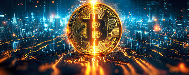 Poster - vibrant bitcoin symbol rising from a futuristic cityscape, representing the surge of cryptocurrency 