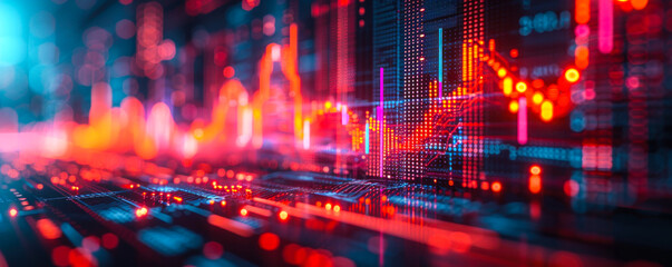 Poster - Futuristic financial chart with glowing neon lines on a dark background, symbolizing advanced stock market analytics and cyber data visualization