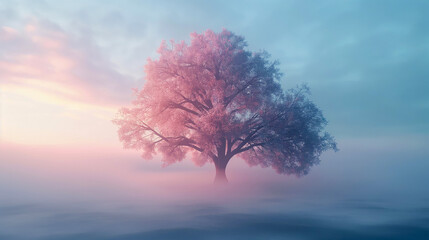  Surreal Cherry Blossom Tree in Misty Landscape at Dawn
