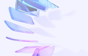Poster - 3d abstract geometric background with rainbow glass plates top view. Crystal rectangles with blue pink gradient texture, light refraction and shadow. Fashion banner with empty space. 3D illustration