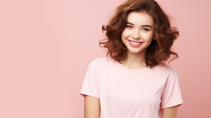 Wall Mural - Smiling girl in white t-shirt on pink background mockup. Beautiful happy woman model looking at camera