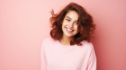 Wall Mural - Smiling girl in white t-shirt on pink background mockup. Beautiful happy woman model looking at camera