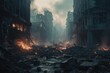 Post-apocalyptic abandoned city. Destroyed buildings, burning rubble, polluted water and air. Devastated remains of post-apocalyptic terrain