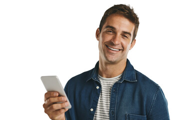 Poster - Man, portrait and smile with phone, texting and message for communication and connection. Model, technology and happiness for social media and contact isolated on a transparent, png background