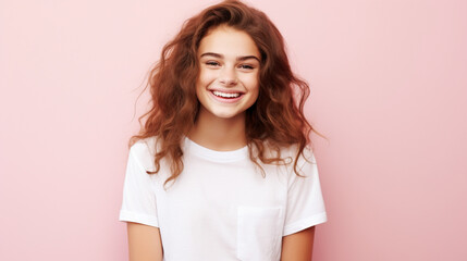 Wall Mural - Smiling girl in white t-shirt on pink background mockup. Beautiful happy woman model looking at camera