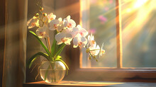 Vase With Orchid Flowers On White Table Near Window Indoors. Vases Of Flowers On Window Sill
