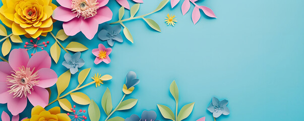 Wall Mural - Colorful handmade paper flowers with leaves and branches on a blue background, offering a vibrant and flat light turquoise composition with copy space.