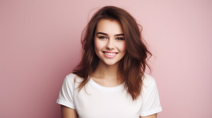 Wall Mural - Smiling girl in white t-shirt on pink background mockup. Beautiful happy woman model looking at camera