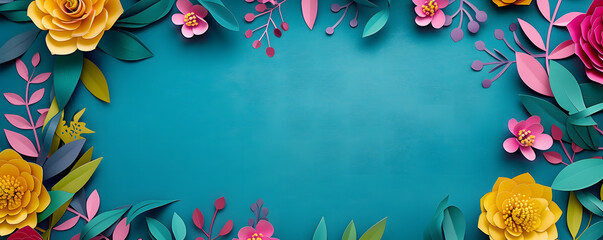 Wall Mural - Colorful handmade paper flowers with leaves and branches on a blue background, offering a vibrant and flat light turquoise composition with copy space.