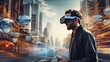 A man wearing virtuality glasses and the virtual city around