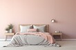bedroom in a minimalist Scandinavian style in dusty pink with a chalky blue undertone