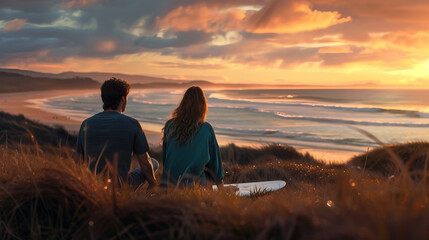 Canvas Print - A young surf couple watch sunset over the beach sitting on the grass on the hill