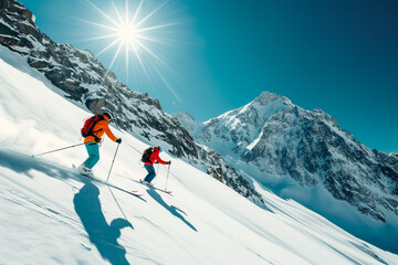 Wall Mural - Wide shot of two skiers on randonneuring skis on a steep snowy mountain slope. Extreme sports adventures, ski tourism on a sunny mountain slope. Skiing on fresh snow