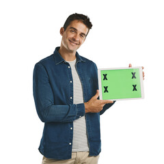 Sticker - Portrait, tablet and happy man with green screen, show or mockup space isolated on a transparent png background. Digital technology, chroma key or person advertising, social media or tracking markers