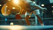 Close-up Of A Table Tennis Player In Action. Ping-pong Horizontal Banner. Download A Photo Of A Table Tennis Player For A Tennis Racket Packaging Design. Image For The Tennis Ball Box Template.