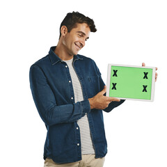 Poster - Man, tablet and mockup with green screen for logo, branding or promotion with technology. Model, smile and placeholder for product placement or advertisement isolated on a transparent, png background