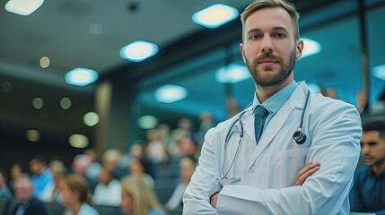 Young doctor teaching at a seminar in a meeting room or during an educational session at a congress. Passionate teaching by a young doctor at a medical conference.