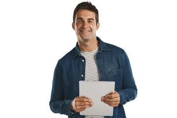 Poster - Creative, man and happy portrait with tablet for social media in transparent, isolated or png background. Internet, schedule and person with ebook, article or communication on tech for networking