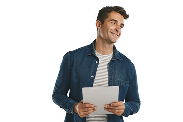 Fototapete - Creative, man and happy with tablet for planning on social media in transparent, isolated or png background. Internet, networking and person with technology for work communication online and post